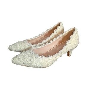 Crystal Queen Lace Daisy‎ & Pearl White Womens Heel Bridal Shoes Elegant 6.5